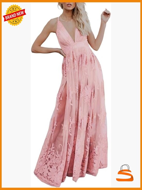 Dresses & Skirts - Deep V-Neck Embroidered Lace Mesh Maxi Dress with Slit
